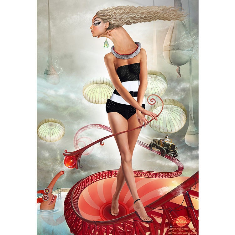Chemistry Of Attraction computer graphic romantic art print digital painting surreal decor for home red mint grey gear dreamy pastel fashion