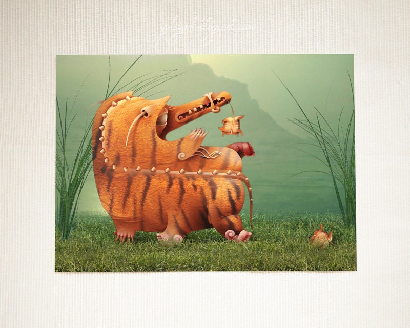 Successful Hunting - fine art print surreal illustration computer graphics tiger animal stripe fantasy orange green nature garden woodland