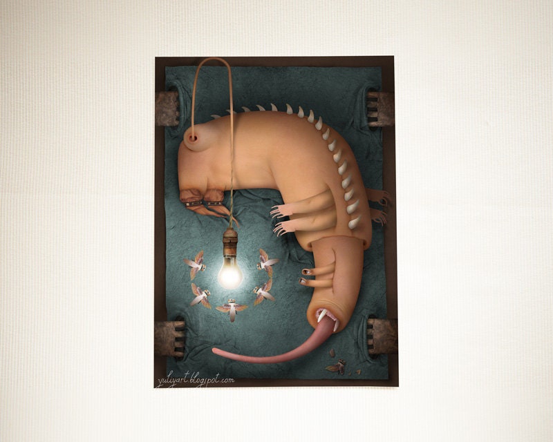 Surreal art digital painting computer graphic unisex gift exposed bulb for her for him creature fantasy home decor teal blue mint skin brown
