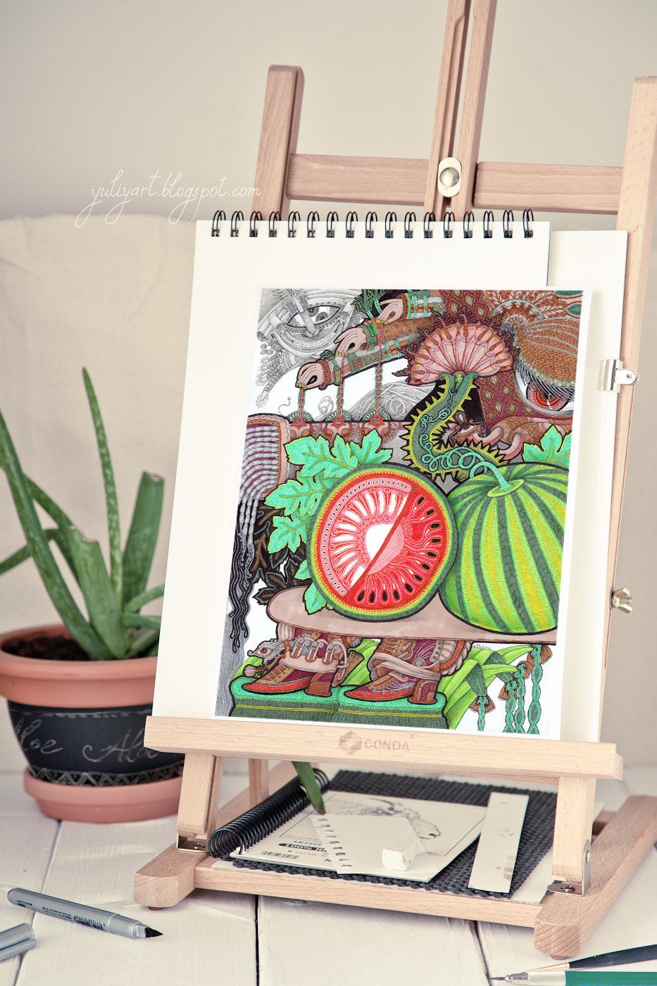Watermelon botanical print kitchen decor living room fine art red green stripe culinary food brown grey chef cook hostess floral teal nature