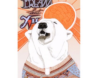 Bear drawing animal print nursery decor cute illustration love north pole orange sun white winter arctic snow geometric sweater dude man red
