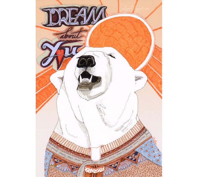 Bear drawing animal print nursery decor cute illustration love north pole orange sun white winter arctic snow geometric sweater dude man red