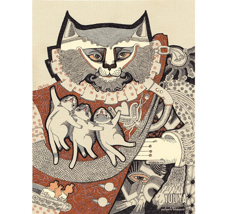 Kitten Papa - cute cat drawing nursery decor fine art print illustration wall art family man love child sepia heart kitty pet kitten romance