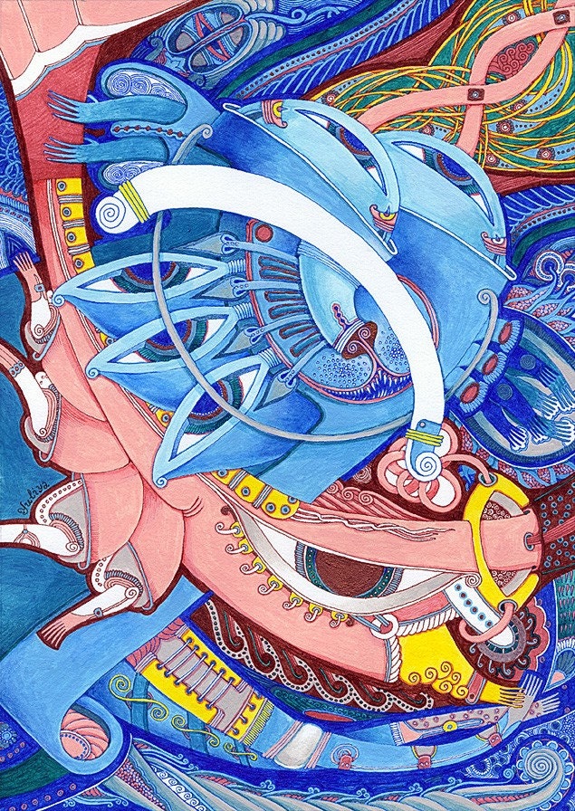 Contemporary home decor fine art print modern surreal illustration drawing modern imaginative fantasy pink blue cat unisex nursery decor kid