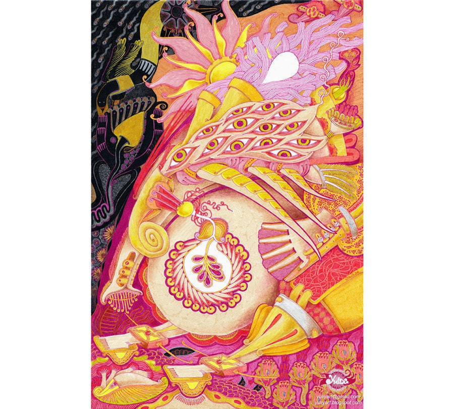 Modern fine art print contemporary home decor surreal illustration fantasy drawing yellow hot pink black statement gift painting imagination