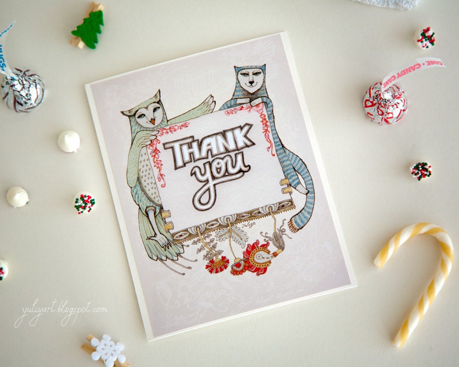 Cat and Owl Thank you card - greeting gratitude animal cute kitty bird personal gift love romantic sweetheart woodland friend shabby father