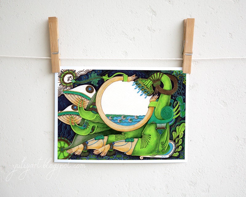 Watering - fine art print unisex gift surreal illustration drawing fantasy home decor water dragon botanical green blue mint aqua