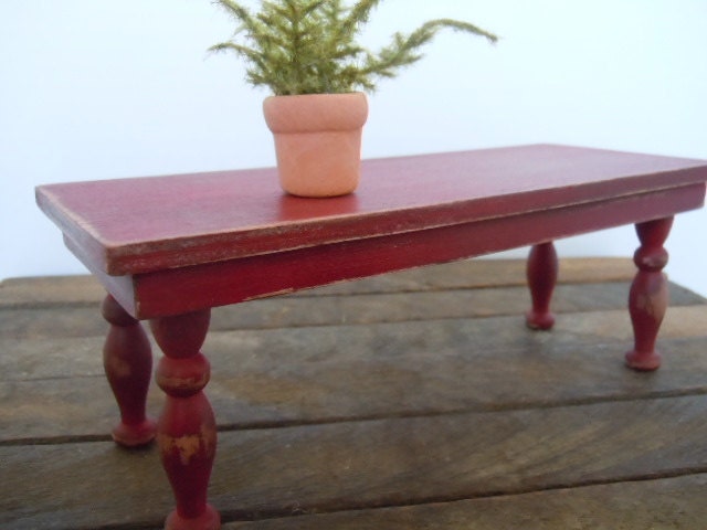 Dollhouse Miniature Wood Table Farmhouse Red Shabby Chic Romantic Handmade Mini Decor