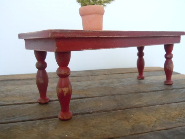 Dollhouse Miniature Wood Table Farmhouse Red Shabby Chic Romantic Handmade Mini Decor