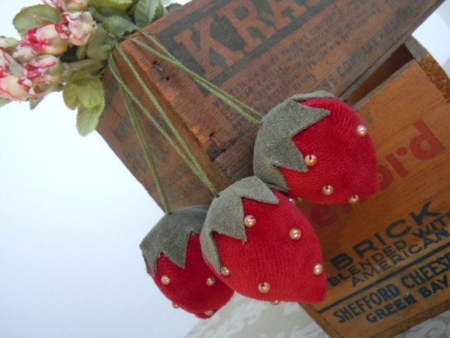 Strawberries Velvet Like Fabric Vintage Inspired Handmade Farmhouse Home Decor Ornaments