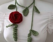 crochet rose lariat new deep rose green leaf