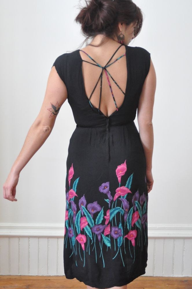 1970's TAKE ME Black and Floral Wrap Style Dress by MEIRA Montreal