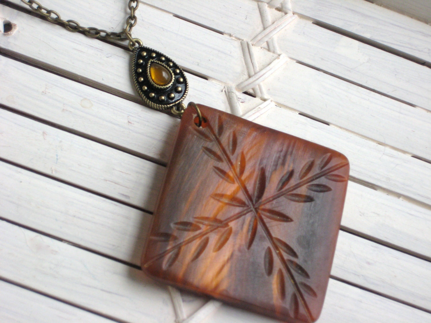 Carved Square Horn Pendant Necklace with Antique Gold Accents, Teardrop, Brass, Wood, Bohemian, Handmade, Jewelry by Ingodshands on Etsy