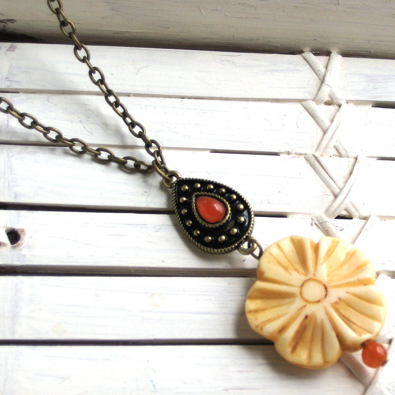 Carved Bone Flower Pendant Necklace with Antique Gold Ornate Accents, Brass, Cream, Spring, Summer, Bohemian, Pendant, Charm, Mothers Day Gift, Jewelry by Ingodshands on Etsy