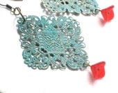 Verdigris Green Filigree Drop Earrings with Crimson Red Flower, Antique brass, Bohemian, Big, Dangle, Handmade Earrings