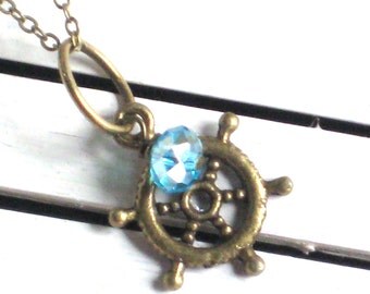 Tiny Ship Wheel Necklace with Blue Crystal, Nautical Charm, Pendant ...