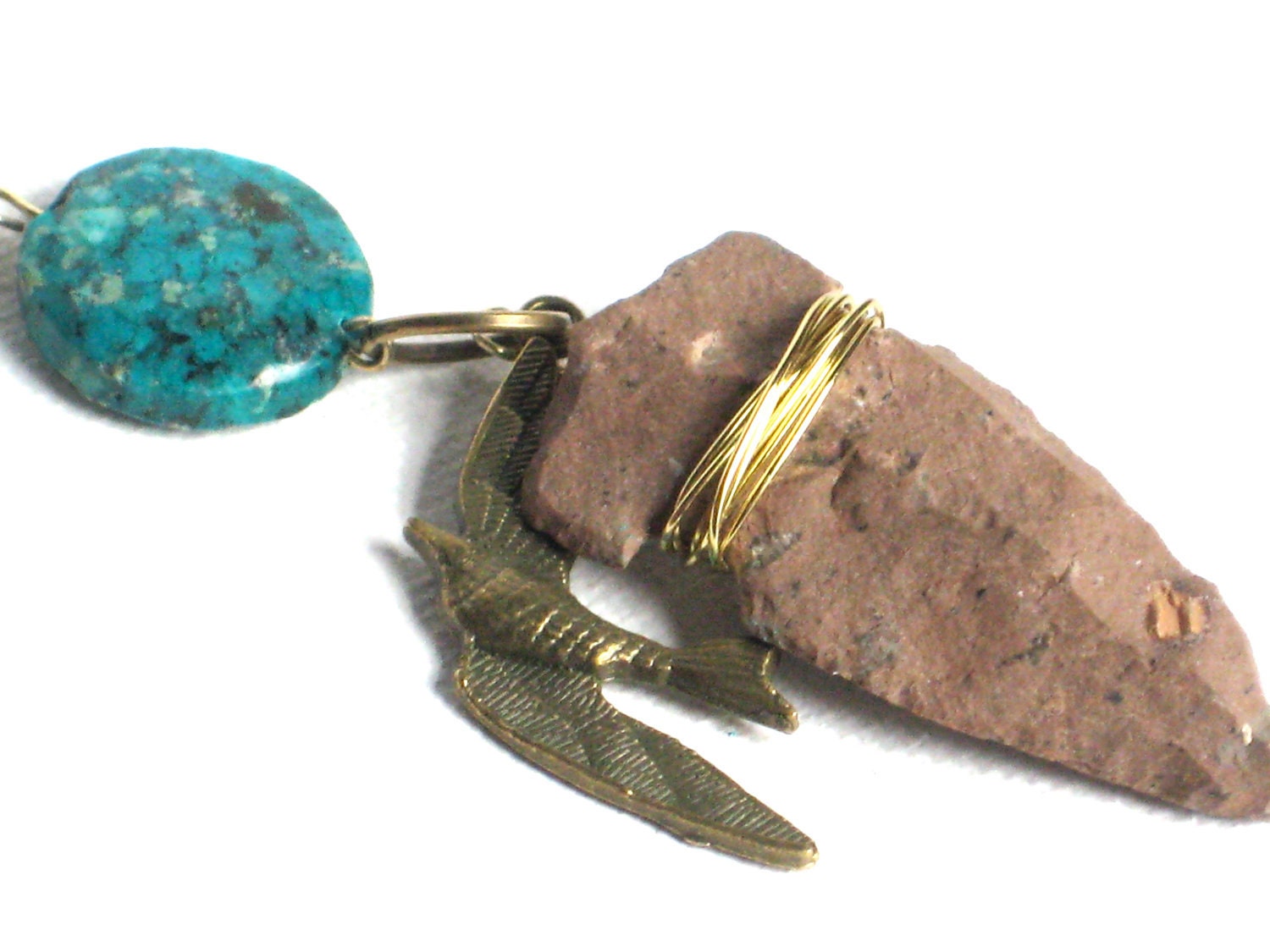 Stone Arrow Pendant Necklace with Brass Bird and Jasper, on Antique Gold Chain, Arrowhead, Native American