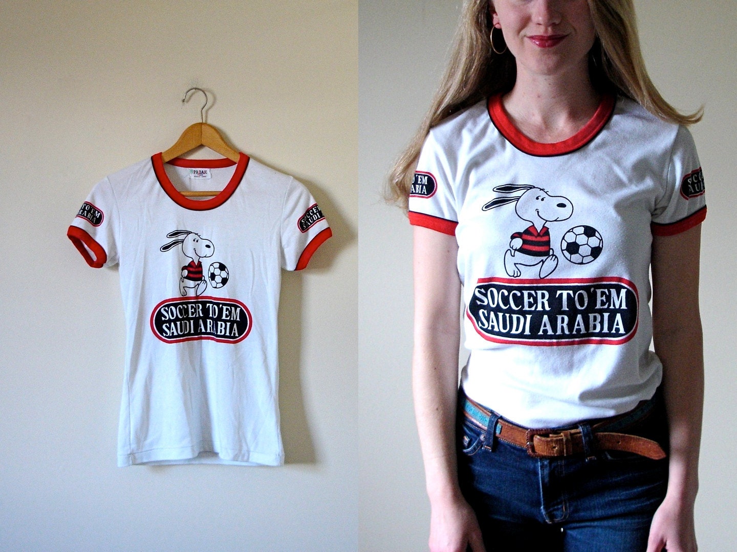 vintage 1970s Snoopy Peanuts Soccer Ring Tshirt -- S