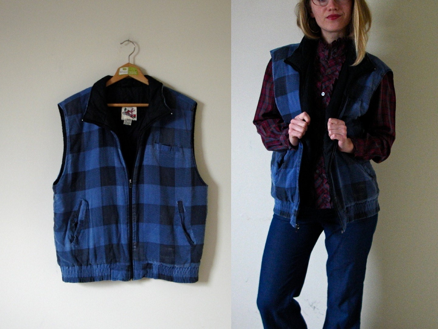 vintage 1980s Distressed Blue and Black Buffalo Plaid Unisex Vest -- L