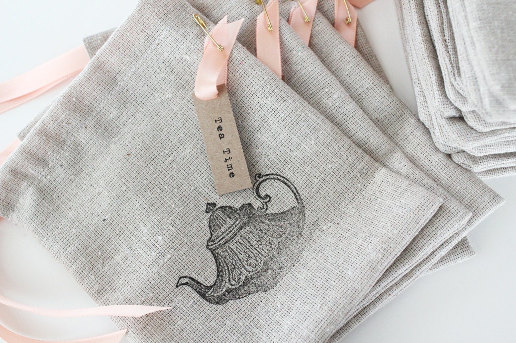 Vintage Teapot Stamped Handmade Drawstring Pouches With Tea Time Tags - Party Favors - Set of 25