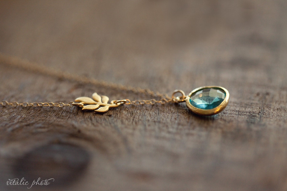 Something Blue Necklace - Glass Teardrop, Gold