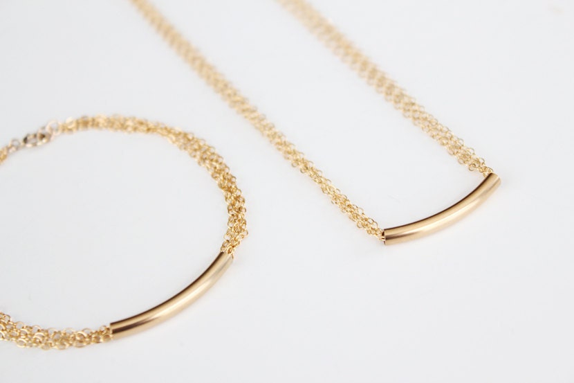 Curved Bar Bracelet - 14k Gold Filled Bar - Multi Chain Bracelet