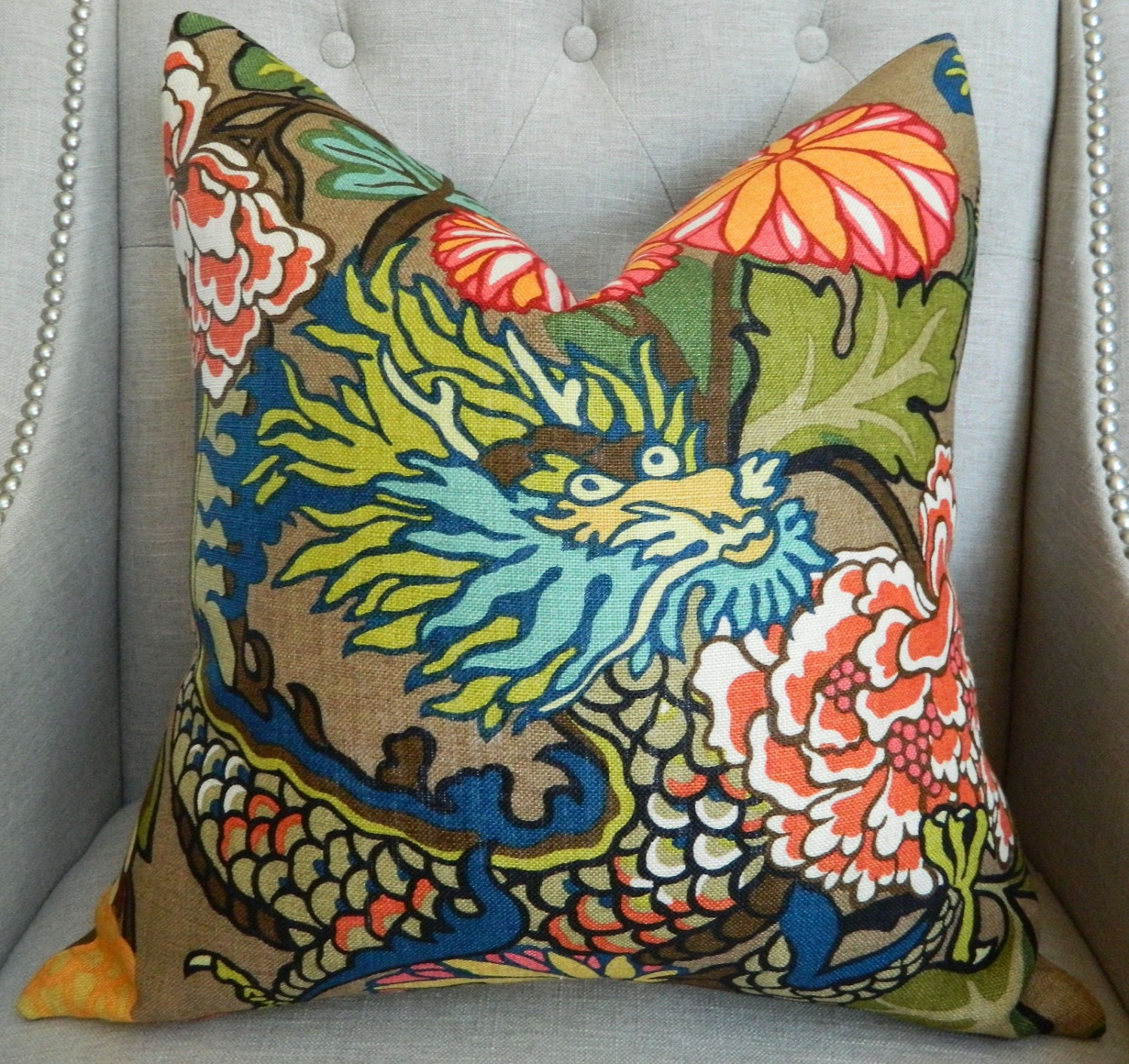 Decorative Designer Pillow Cover - 20X20 - Schumacher Chiang Mai Dragon in Mocha