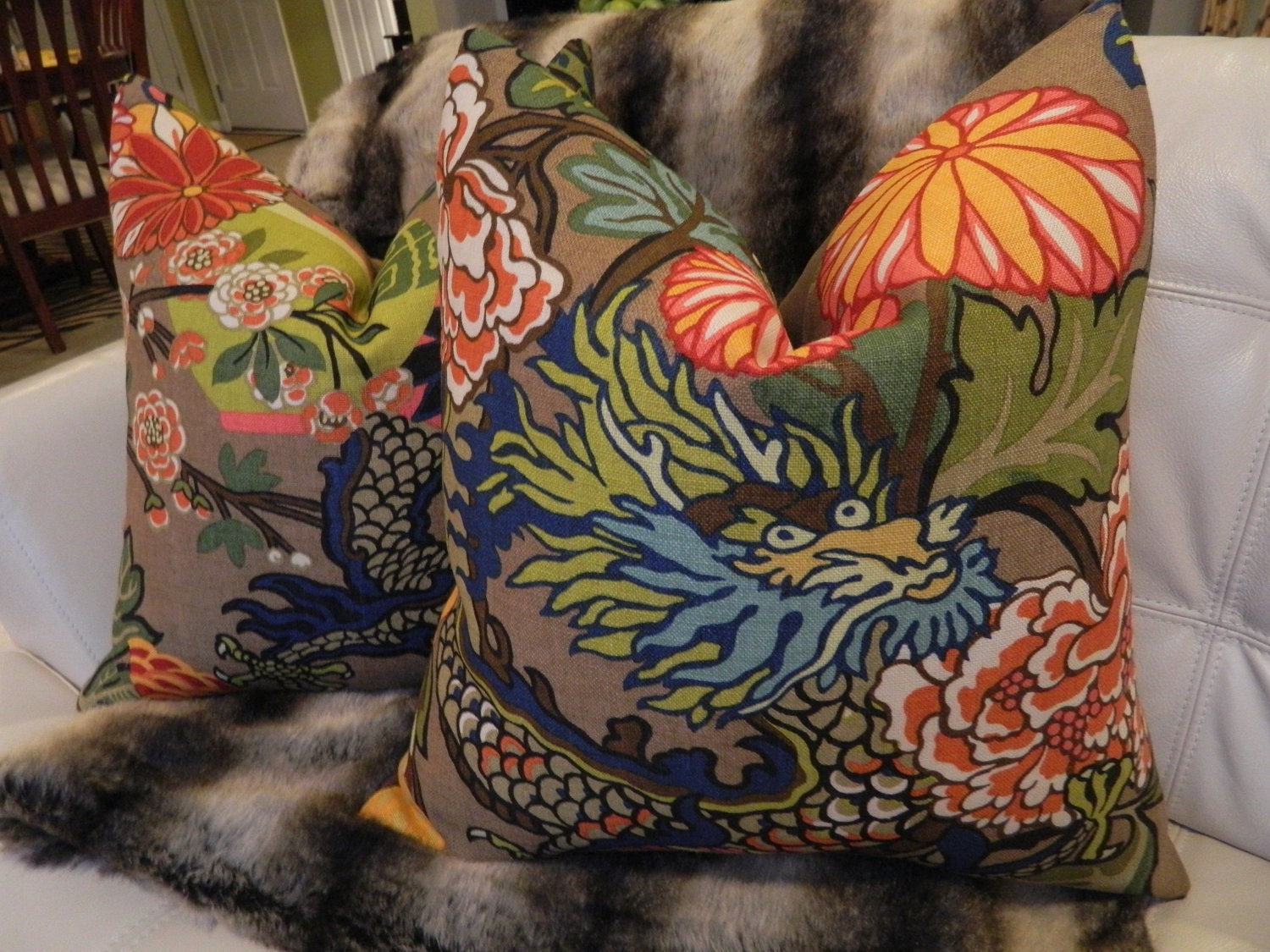Decorative Designer Pillow Cover - 20X20 - Schumacher Chiang Mai Dragon in Mocha