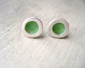 Paper Resin Studs - Silver Frame - Yellow Spiral on Green - Japanese Chiyogami Paper - everyday jewelry
