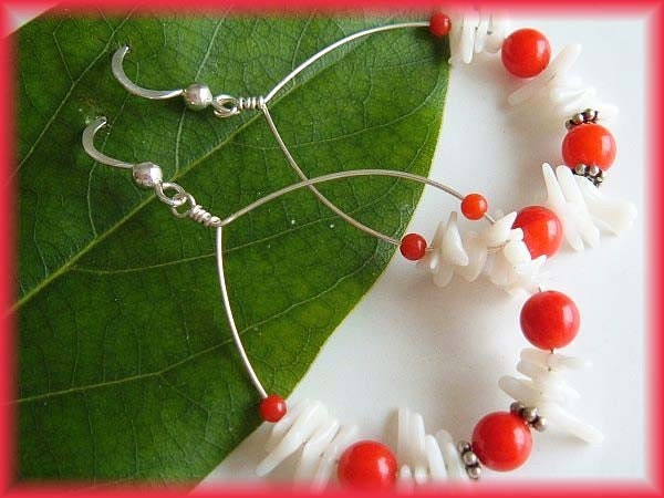 Genuine Red and White CORAL Bali Sterling Silver Large HOOP EARRINGS