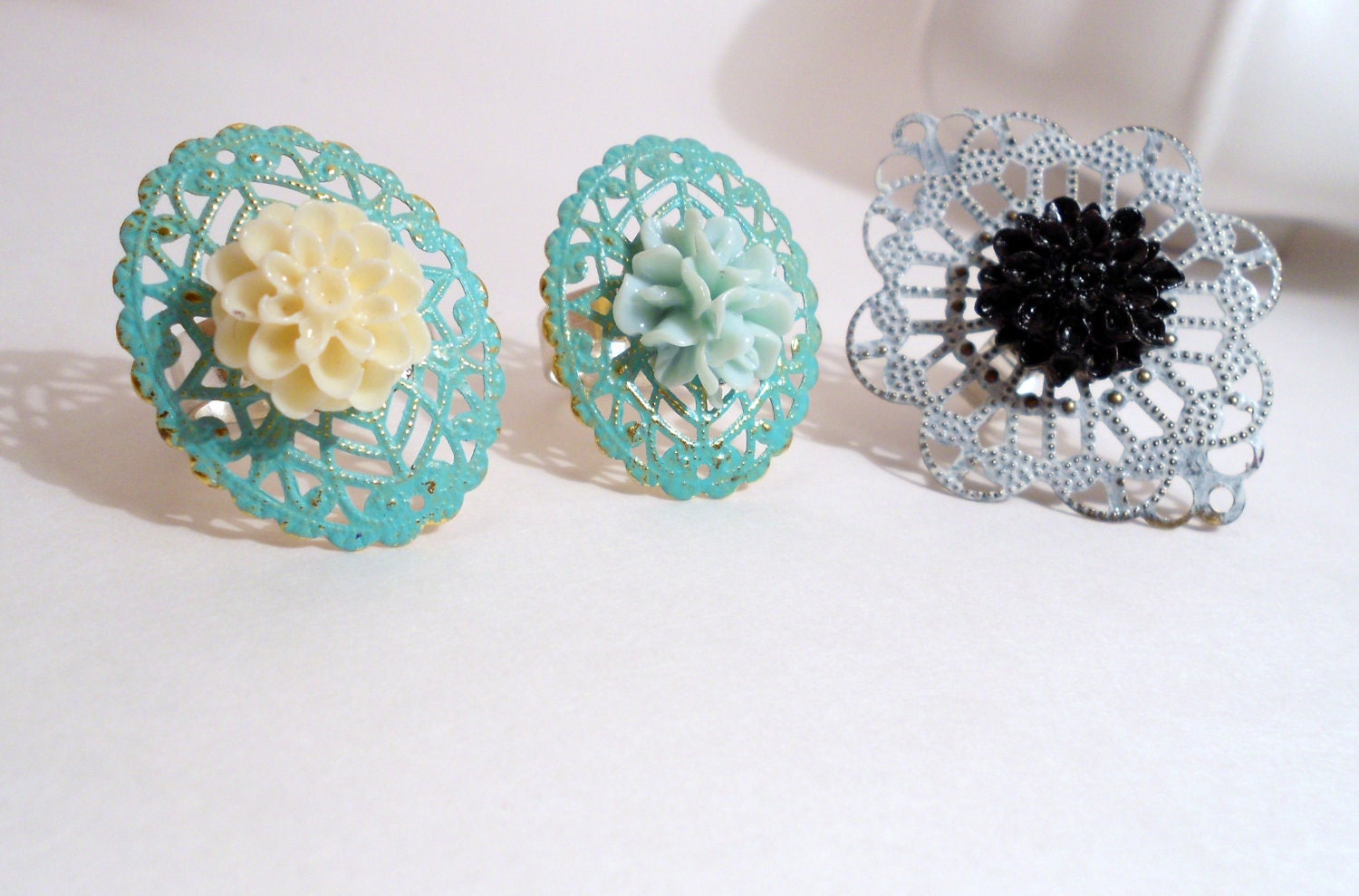 Adjustable Vintage Style Cocktail Ring . Ornate Filigree Patina . Your choice of Color