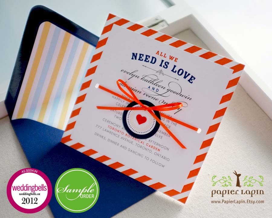 Cross My Heart // Orange stripes, eco-friendly wedding invitation, hand-tie ribbon with heart tag // SAMPLE