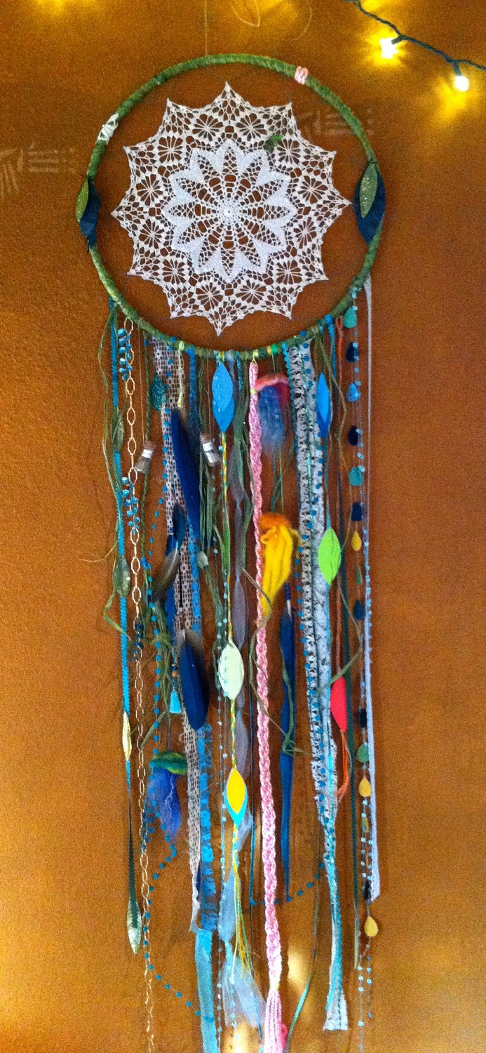 Lahaina Aloha huge 6' dream catcher FREE SHIPPING vintage lace, doily, parrot feathers