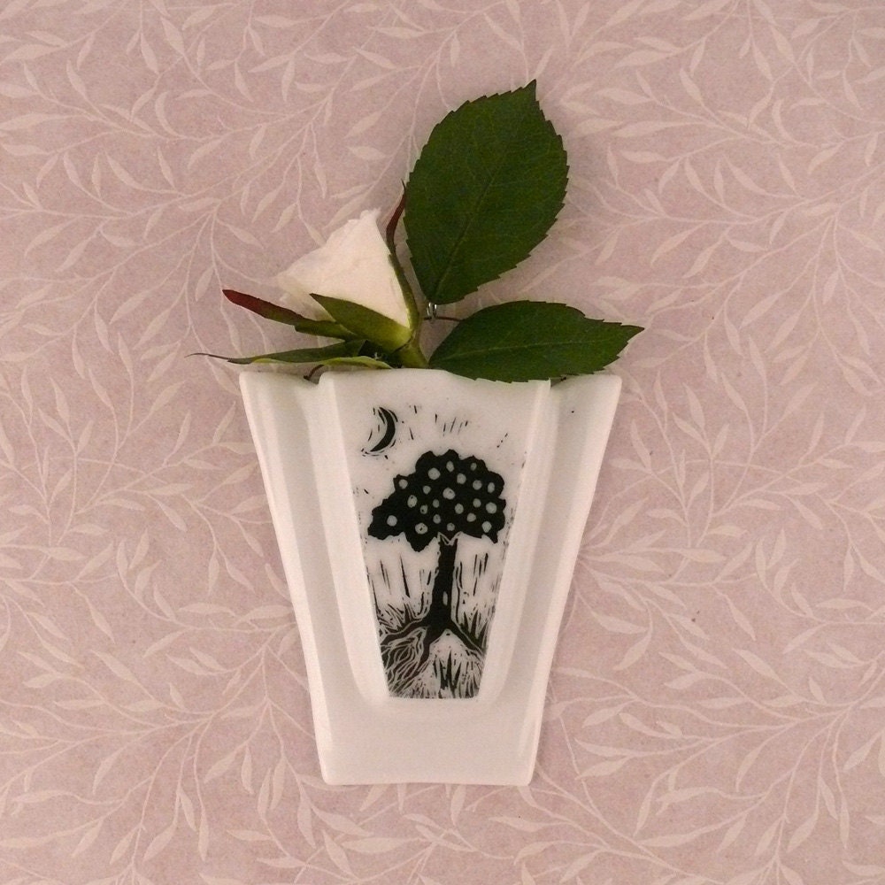 Glass Wall Vase, Black and White Fused Sgraffito Glass Wall Pocket with Apple Tree and Moon Design
