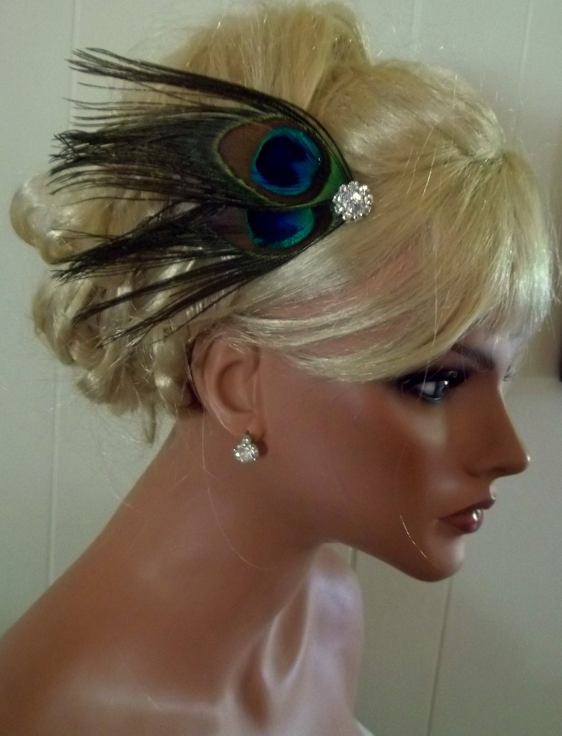 Peacock bridal fascinator hair accessory, wedding feather hair clip, green, turquoise, blue
