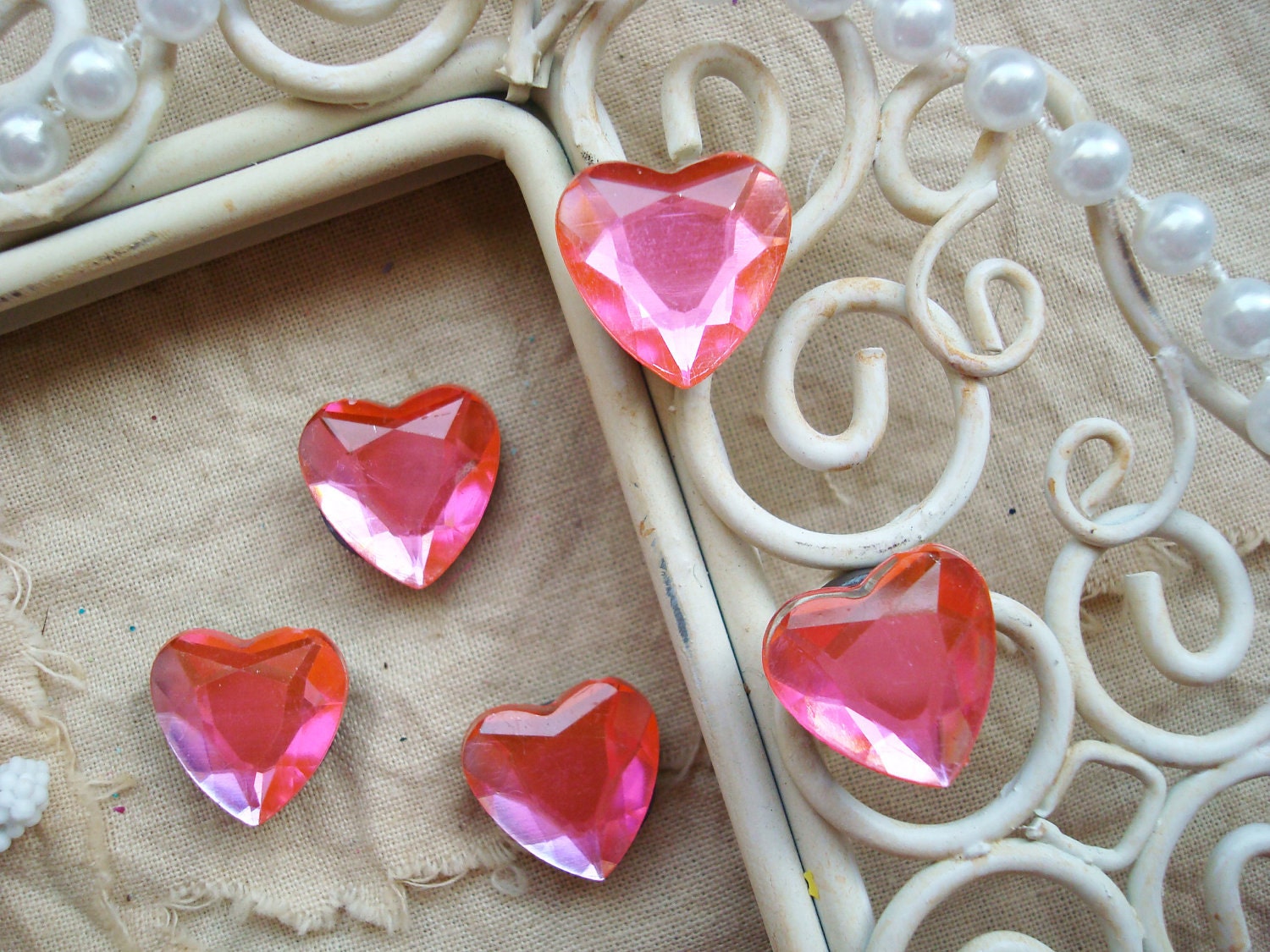 Just Peachy Pink Diamond Magnets - Heart Cut Rhinestones - Shabby Chic Set of 10