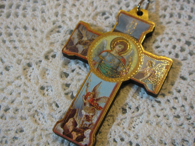 Saint Michael the Archangel Medal Religious wood cross cruciix pendant necklace, rosary, chaplet, bracelet, charm or any jewelry
