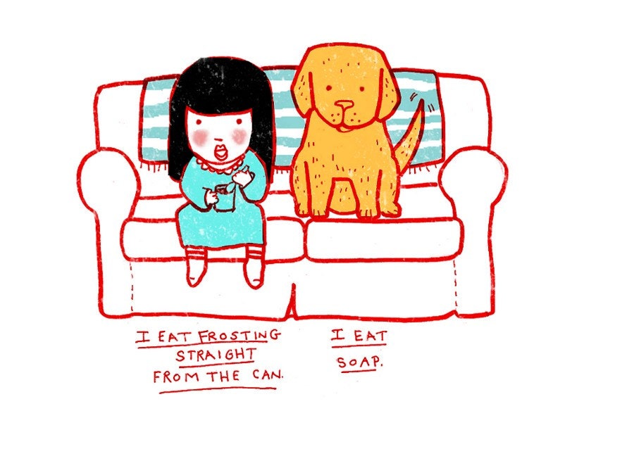 Cute Girl and Yellow Dog - Art Print