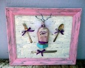 Framed Vintage Collage Bottle Fork Spoon Knife Cottage Chic Farmhouse Victorian Rustic Home Decor Wall Decor