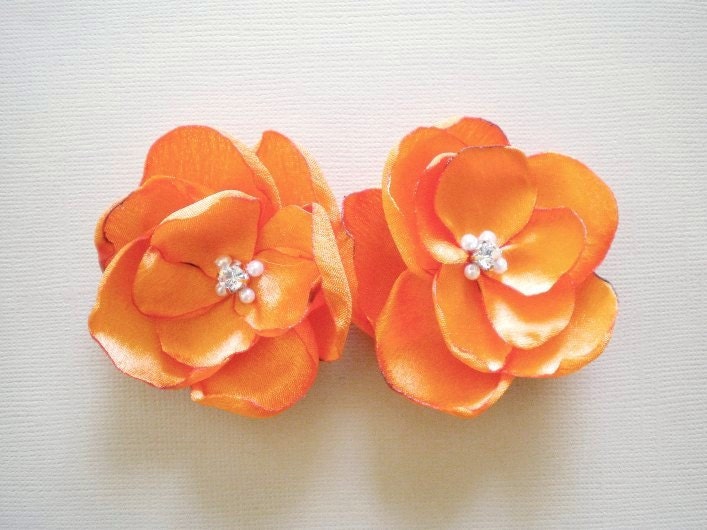 Orange Shoe Clips Satin Flowers with Rhinestone Center Handmade