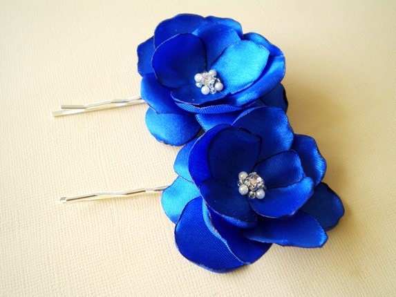 Petite Roses Deep Blue  Satin Flower Pins Handmade Wedding