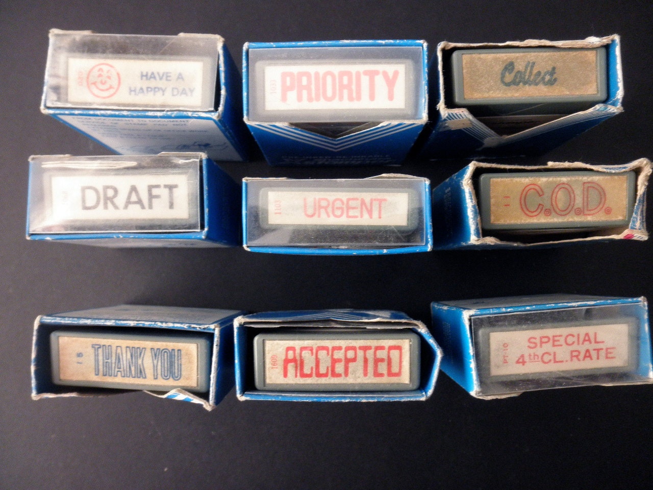 9 self inking rubber stamps - business, happy, urgent, office