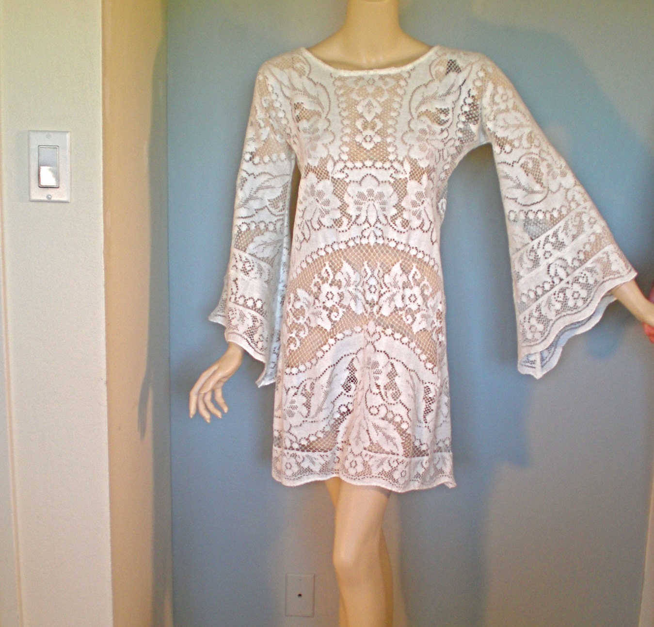 Sheer Scalloped Vintage LACE DRESS Angel Sleeves ooak M