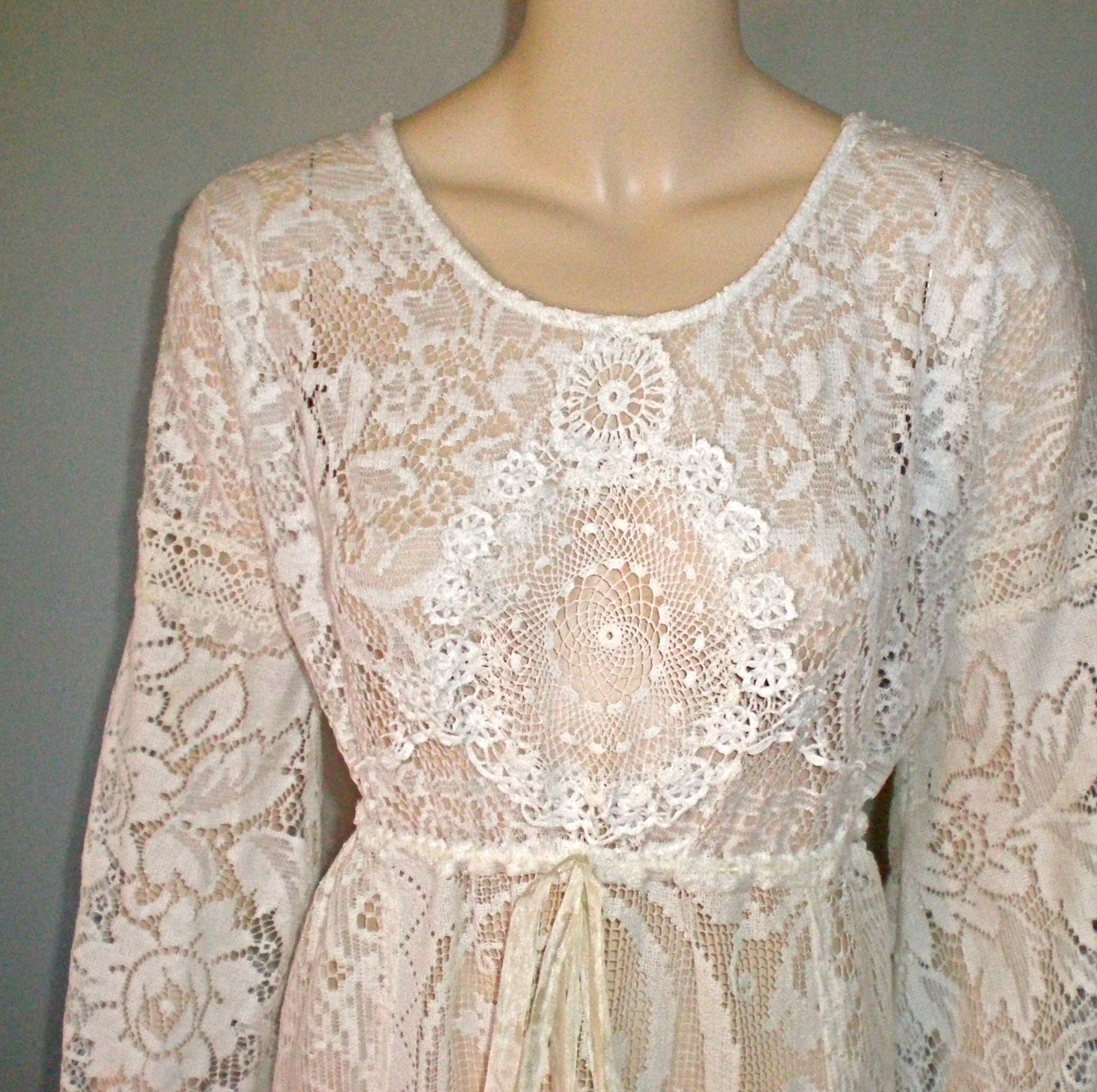 Drawstring Caftan Multi LACE Maxi Dress Hippie Wedding ooak M