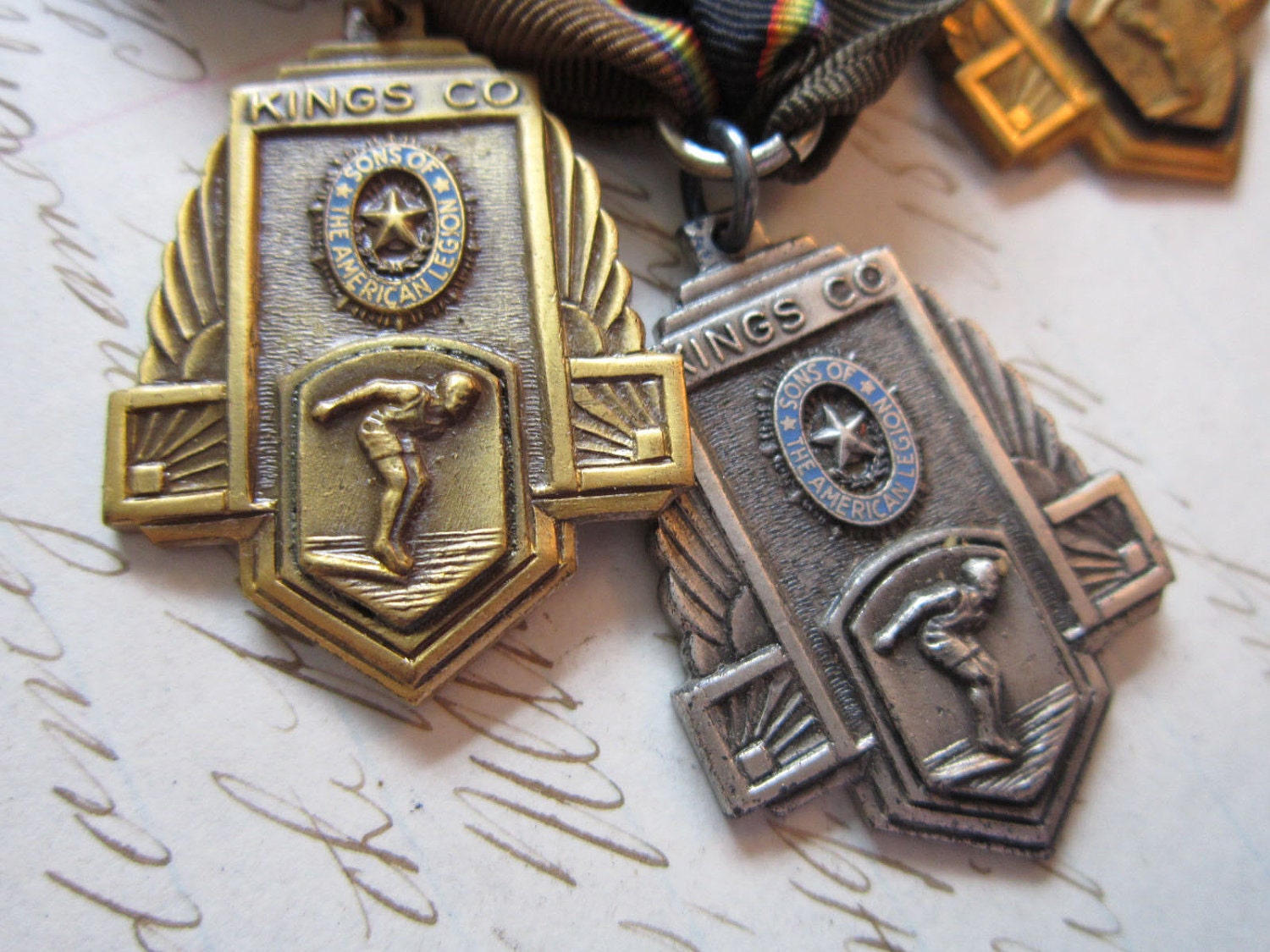 3 antique Sons of the American Legion medals - swimming, breast stroke - circa 1950s - found objects, Kings Co, ribbons