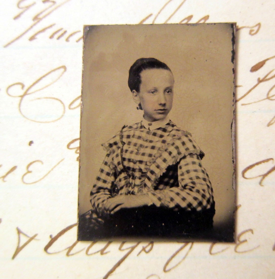 RESERVED for Sabine - antique miniature gem tintype photo - GIRL in plaid dress, sitter, high contrast - late 1800s, ferrotype - GTA88