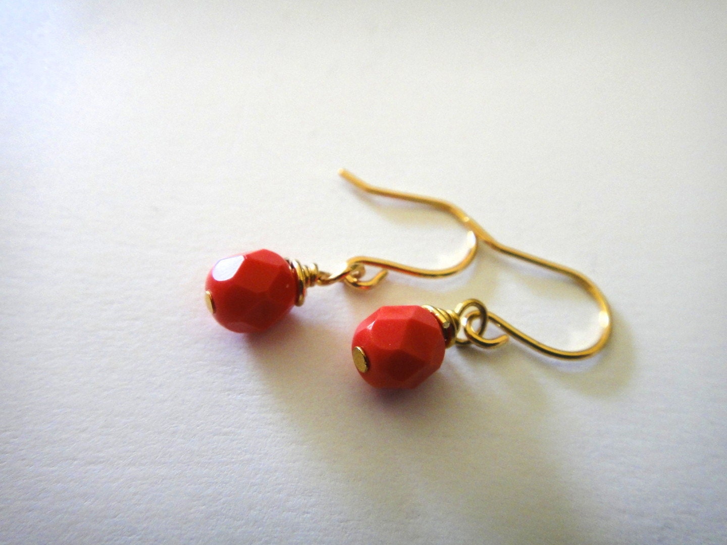 Czech Glass Simple Coral Earrings in Gold - Wire Wrapped - Pink - Minimal