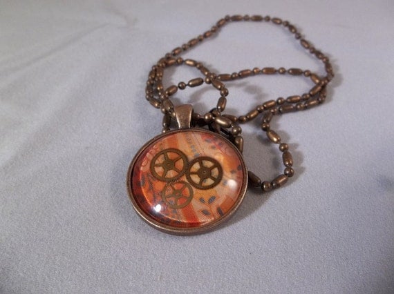 Necklace Round copper glass 3 gear orange pattern