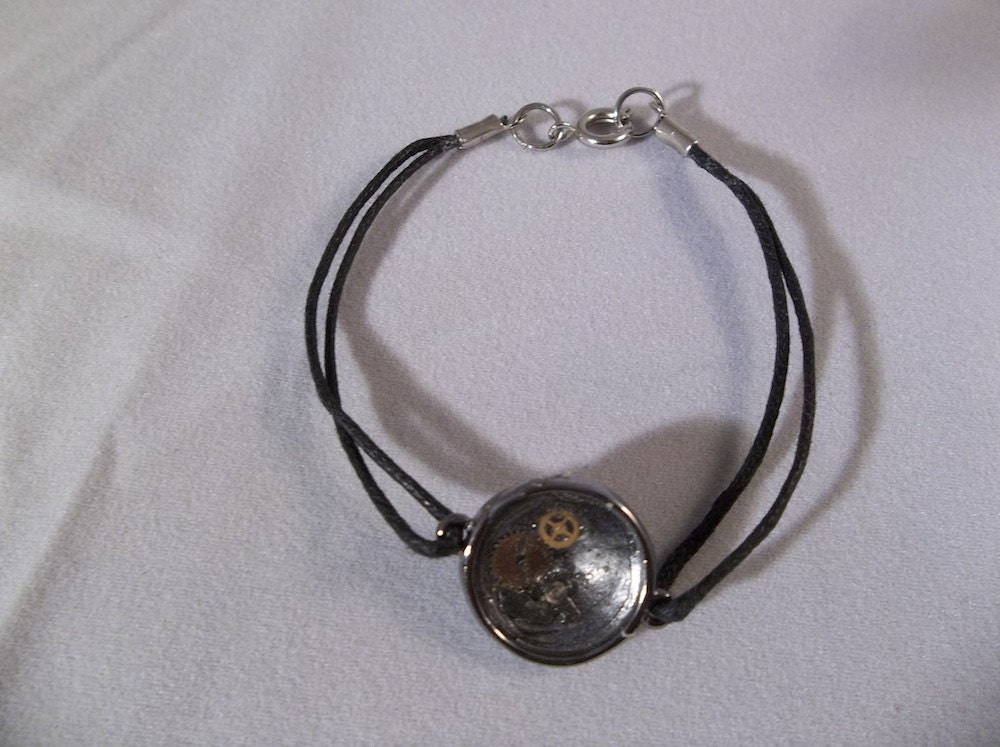 Simple round gunmetal watch part bracelet with cotton cord
