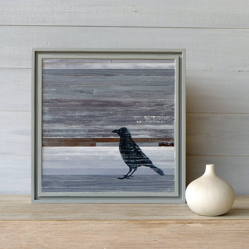Available, Navy Bird, 11 x 11 Square, Lightly Distressed Wood Sculpture Art